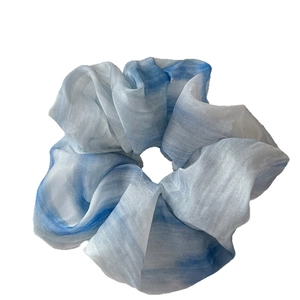 Blue and white gradient tie-dye oversized chiffon scrunchie with soft mesh texture