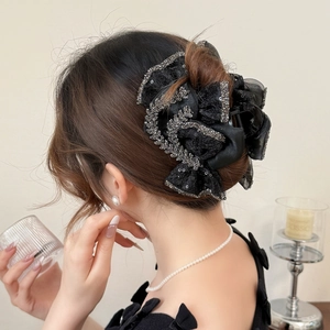 Elegant Mesh Bow Shark Clip For Women Exquisite Rhinestone Hair Claw Clip French Vintage Hair Accessories Headwear