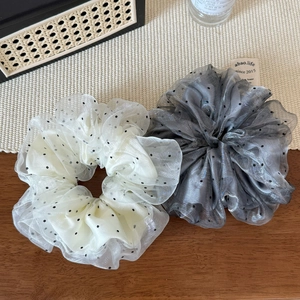 Elegant double-layered mesh polka dot scrunchies in white and grey colors