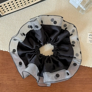 Elegant polka dot tulle hair scrunchie with black satin inner layer for high ponytail