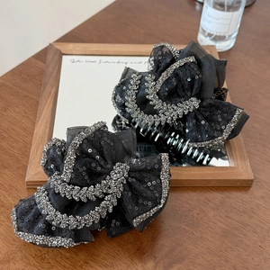 Elegant black lace bow claw clips with silver glitter edges and sparkling sequins set