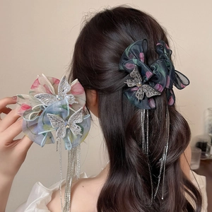 Pince à Cheveux Nœud en Maille pour Femmes avec Papillon Strass et Chaîne à Gland Élégante Pince à Requin Accessoires Cheveux