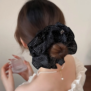Elegant black polka dot hair scrunchie with sparkling rhinestone floral accents