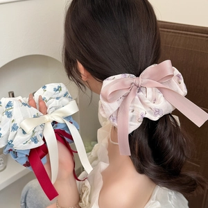 Chouchou en Chiffon Floral Pour Femmes Avec Grand Nœud en Satin Style Pastoral Douce Bandeau Élastique