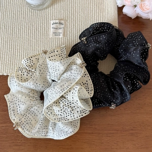 French style polka dot organza scrunchies in black and white with rhinestone trim