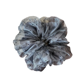 Elegant double-layered grey mesh hair scrunchie with black polka dots for women