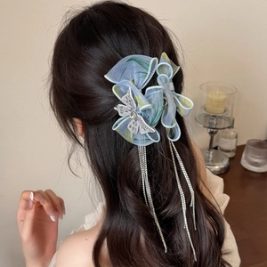 Pince à cheveux papillon en tulle élégante avec strass argentés et glands longs