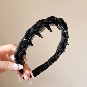 Elegant black woven tulle headband with sparkling beads and non-slip inner teeth design