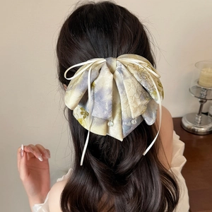 Pince à Cheveux Nœud Floral Style Chinois Vintage Élégante Ruban en Tissu Pendentif Strass Pince Crabe Bijoux pour Femmes