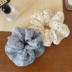 Set of two pearlescent polka dot mesh scrunchies in sky blue and creamy white silk