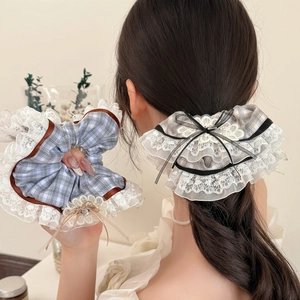 Vintage Plaid Mesh Scrunchies Contrast Color Lace Hair Tie Sweet Bow Metal Pendant Ponytail Holder Women Hair Accessories