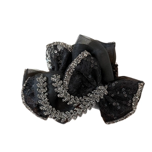Elegant black mesh bow hair claw clip with sparkling rhinestones and sequins decoration