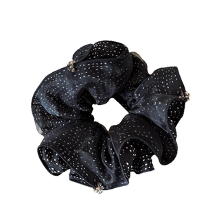 Elegant black and white polka dot chiffon scrunchie with sparkling bead embellishments