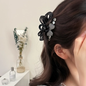 Elegant Black Bow Hair Claw Clip Mesh Rhinestone Heart Shark Clip Sweet Princess Hair Accessories For Women Party Styling