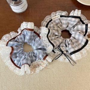 Ballet style plaid scrunchies with lace edges and Good Luck pendants set of two
