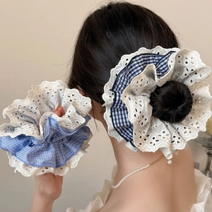 Large Lace Plaid Hair Scrunchie Vintage Sweet Plaid Ruffle Hair Tie Elastic Ponytail Holder For Women Girls Hair Accessories