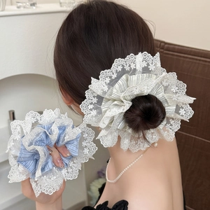 Chouchous Larges À Rayures En Dentelle Élégants Style Coréen Broderie Florale Attache Queue De Cheval Accessoires Cheveux Femme