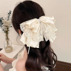 Women Elegant Large Lace Satin Bow Hair Clip With Artificial Pearls French Vintage Layered Ponytail Shark Claw Clip Hair Accessories