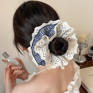 Chic four-layer lace and blue gingham oversized scrunchie for hair styling