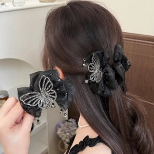 Pince à Cheveux Papillon en Maille 3D Élégante Strass Paillettes Dentelle Pince Crabe Accessoire de Cheveux Style Français Femmes Noir