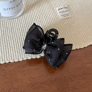 Elegant black tulle bow hair claw clip with rhinestones and center gemstone for women
