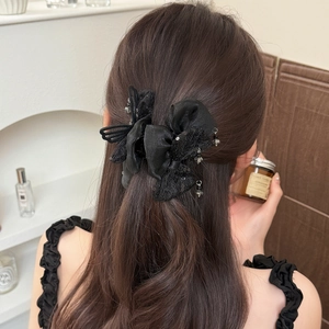 Pince à cheveux papillon en dentelle noire élégante avec paillettes et perles