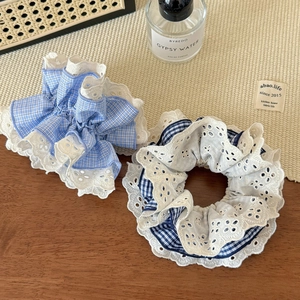 Plaid cotton and lace scrunchie in light and dark blue styles for women's hair accessories