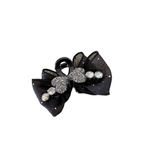 Elegant black ribbon bow hair claw with sparkling rhinestones and mesh detailing for women