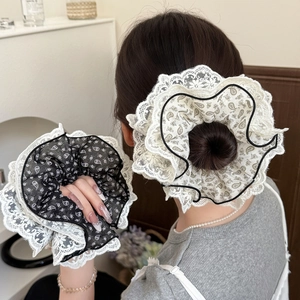 French Vintage Paisley Lace Scrunchie Large Fabric Mesh Hair Tie Elegant Pleated Ponytail Holder Hair Accessories For Women