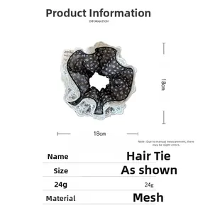 Detailed view of large black paisley mesh scrunchie with white lace trim and 18cm size mark