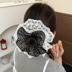 Lace layered hair scrunchie with paisley pattern and soft faux fur ball accent