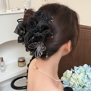 Pince à Cheveux Élégante en Dentelle Noire avec Nœud et Pendentif Papillon en Strass Vintage Pince Crabe pour Femme