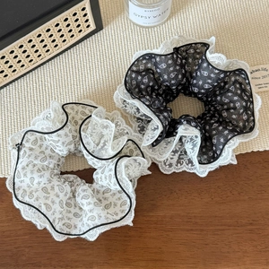 Chic four-layer paisley chiffon hair scrunchies with delicate lace trim in black and white
