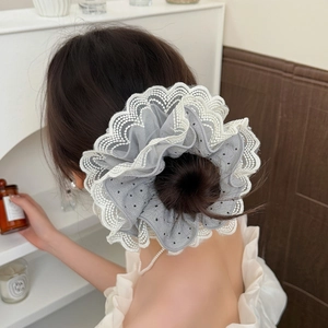 Elegant oversized grey mesh hair scrunchie with white lace edges and black polka dots