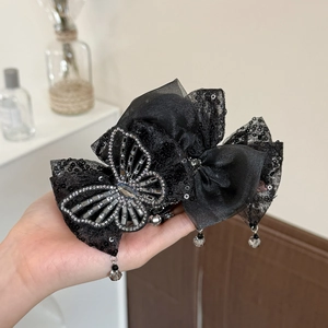 Pince à cheveux nœud en dentelle noire avec paillettes et pendentif papillon strass