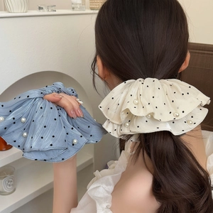 French Elegant Polka Dot Artificial Pearl Scrunchie Pleated Mesh Hair Tie Sweet Vintage Ponytail Holder Hair Accessories For Women