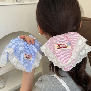 Chouchou en Tissu Rayé Doux Coréen Avec Bordure en Dentelle de Cœur Grand Élastique à Cheveux pour Femmes Filles Accessoires