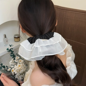 Elegant multi-layered pearl white lace scrunchie with handmade bow for low ponytail