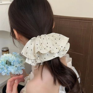 Elegant off-white polka dot chiffon scrunchie with pearls for stylish ponytail styling