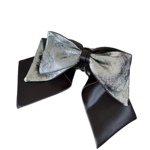Elegant oversized double layer satin and silver metallic bow hair clip for women