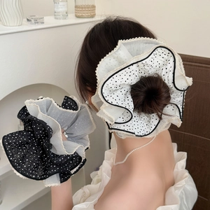 Oversized Mesh Polka Dot Scrunchies With Lace Border Vintage Sweet Pleated Hair Ties For Women Daily Styling Hair Accessories