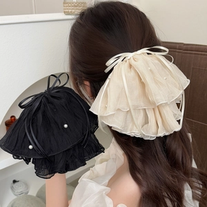 Elegant Bowknot Pleated Chiffon Hair Claw Clip With Faux Artificial Pearl Ribbon Large Ponytail Clip For Women French Hair Accessories