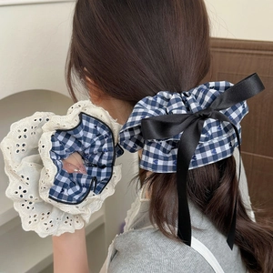 Korean Style Plaid Fabric Scrunchies Lace Bowknot Elastic Hair Bands Checkered Ponytail Holder Headwear For Women Girls
