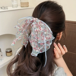 Pince à Cheveux Nœud Floral Doux Grand en Maille Organza Support de Queue de Cheval Avec Fausses Künstliche Perles Et Rubans Accessoire Coiffure Femme