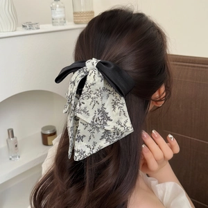 New Chinese Style Floral Printed Bow Ribbon Hair Claw Clip French Elegant Shark Clip For Women Handmade Fabric Hair Accessory