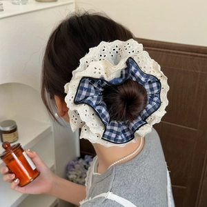 Plaid checkered hair scrunchie with cream lace embroidery detail for stylish ponytails