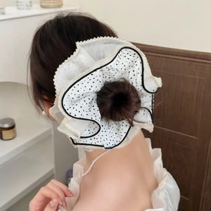 Lazy style pleated mesh scrunchie with black polka dots and delicate lace trim edge