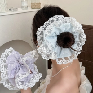 Chouchou en Dentelle Large Style Ballet pour Femmes à Pois Tissu en Maille Attache Cheveux Bordure Dentelle Élastique Cheveux