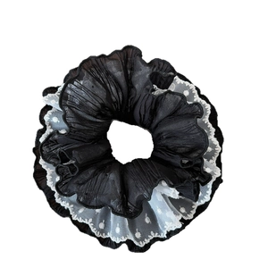 Black mesh pleated scrunchie with white lace trim for voluminous ponytail styling