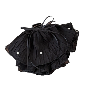 Elegant black pleated hair claw clip with white pearls and satin ribbon bow